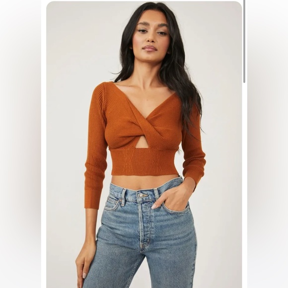 NWT Free People Floyd Wrap Front Crop Cotton Blend Sweater Glazed Ginger Large - Picture 1 of 6